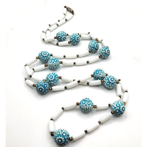 Vintage 70s Bohemian Extra Long Floral Beads Station Necklace 37in - Picture 1 of 4